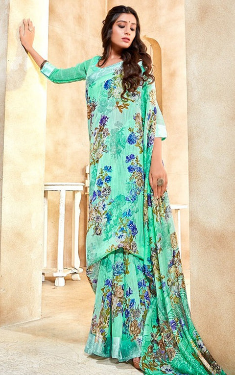 Refreshing Green Color Party Wear Soft Floral Linen Satin Designer Saree