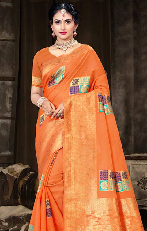Designer Orange & Golden Color Silk Saree For Casual & Party Wear (D623)