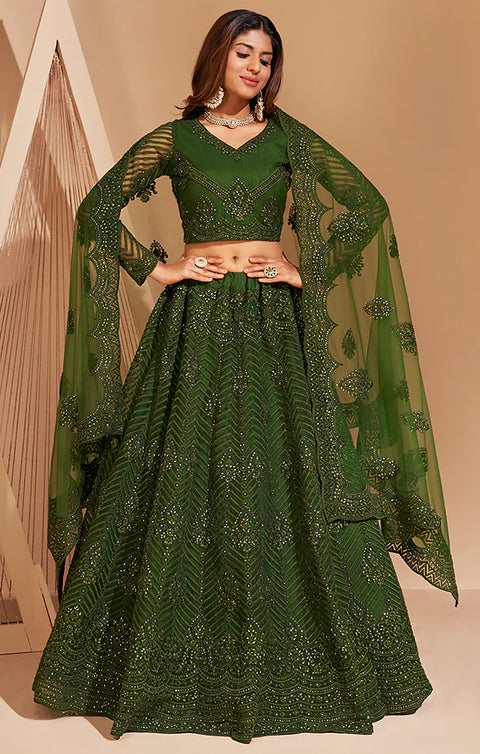 Designer Bridal Heritage Green Heavy Embroidered & Stone Work Lehenga Choli (D80)