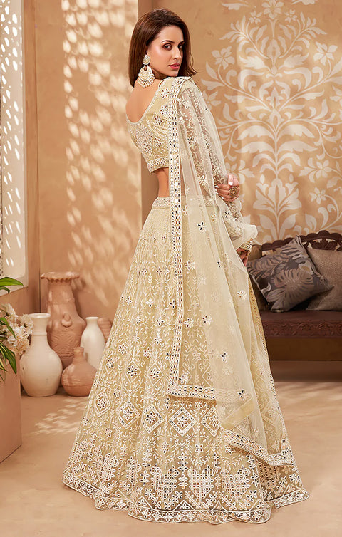 Designer Pale Yellow Heavy Embroidered Designer Net Lehenga Choli (D47A)