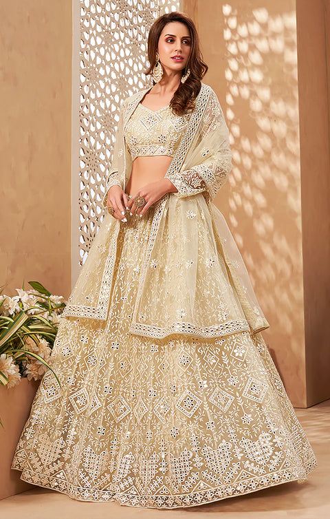 Designer Pale Yellow Heavy Embroidered Designer Net Lehenga Choli (D47A)