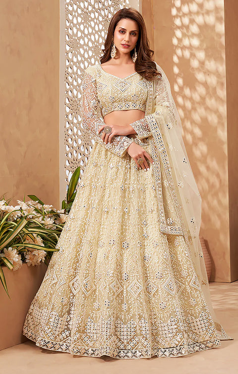 Designer Pale Yellow Heavy Embroidered Designer Net Lehenga Choli (D47A)