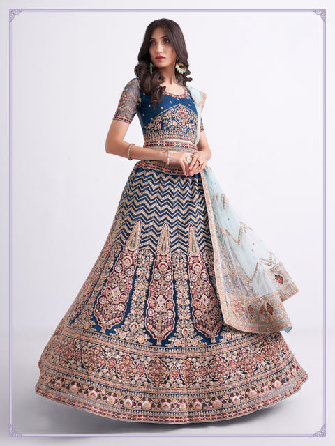 Bridal Heritage Premium Persian Blue Heavy Embroidered Net Designer Lehenga Choli (D117)