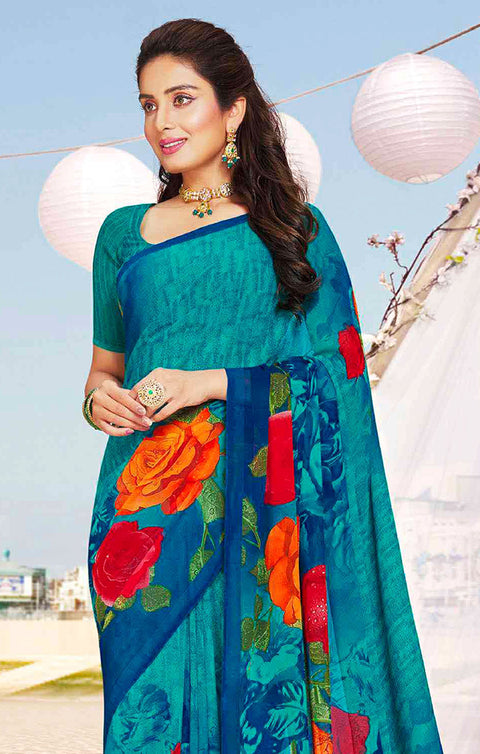 Designer Teal Blue Georgette Printed Saree for Casual Wear (D405)