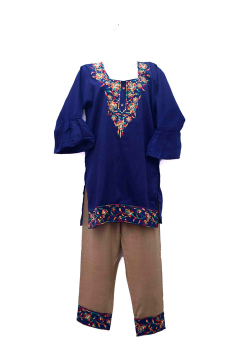 Girls' Navy Blue Kurti and Plazzo with Embroidery & Stone Work - PAAIE