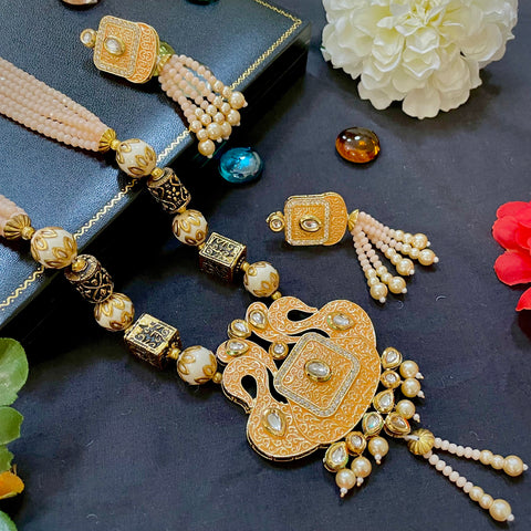Ethnic Designer Long Kundan Necklace Set With Semi Precious Beads