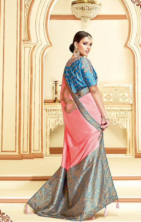 Staggering Pink Lycra Readymade Designer Saree - PAAIE