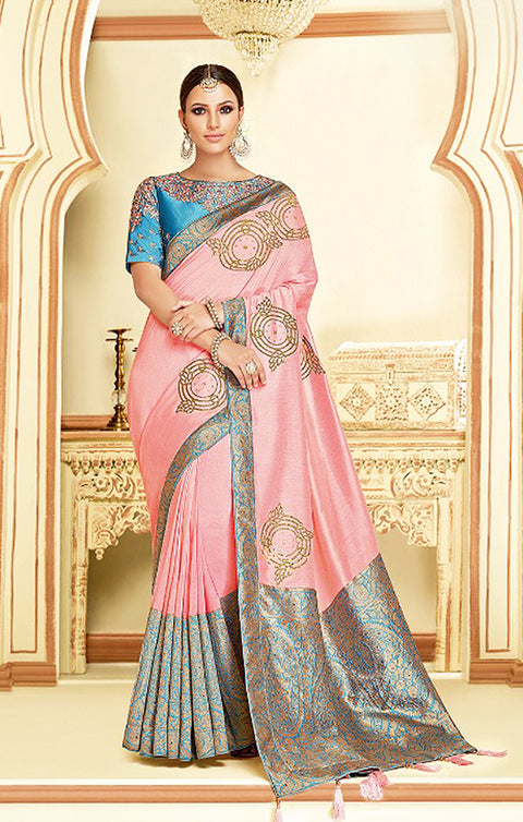 Staggering Pink Lycra Readymade Designer Saree - PAAIE