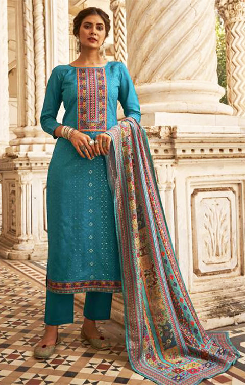 Designer Teal Blue Color Suit with Pant & Dupatta in Upada Silk (K754)