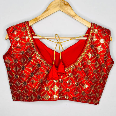 Designer Red Color Embroidery Blouse in Silk (Design 1113)