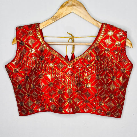 Designer Red Color Embroidery Blouse in Silk (Design 1113)