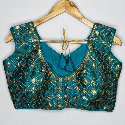 Designer Teal Green Color Gray Embroidery Blouse in Silk (Design 1119)