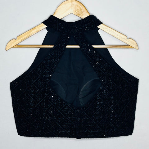 Black Color Designer Women's Halter Neck Chickenkari Sequins Work Readymade Saree Blouse (Design 1137)