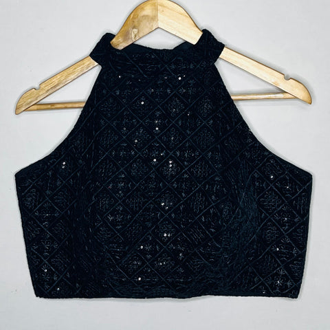 Black Color Designer Women's Halter Neck Chickenkari Sequins Work Readymade Saree Blouse (Design 1137)