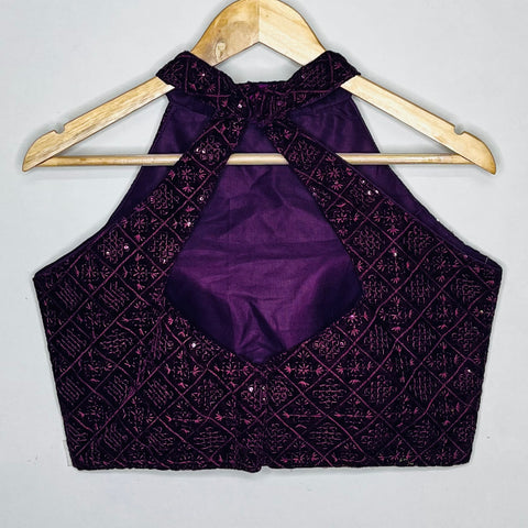 Purple Color Women's Halter Neck Chickenkari Sequins Work Readymade Saree Blouse (Design 1138)