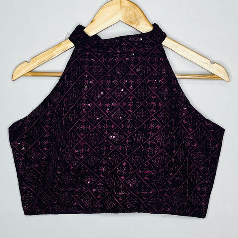 Purple Color Women's Halter Neck Chickenkari Sequins Work Readymade Saree Blouse (Design 1138)