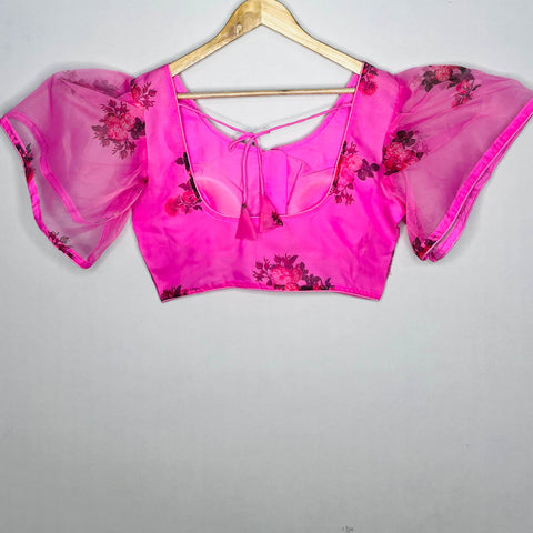 Trendy Pink Color Heavy Rich Floral Print Designer Blouse in Organza (Design 1139)