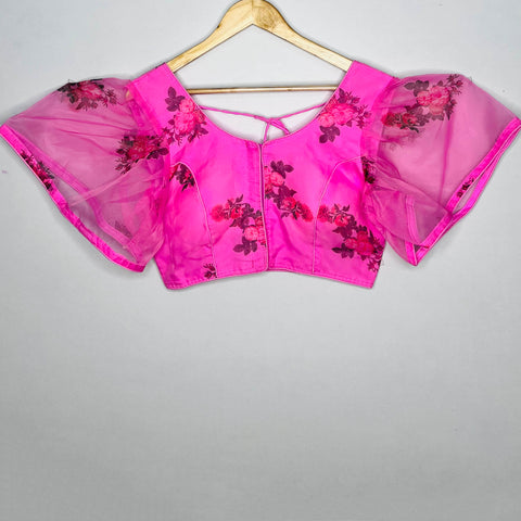 Trendy Pink Color Heavy Rich Floral Print Designer Blouse in Organza (Design 1139)