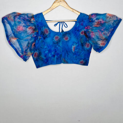 Trendy Blue Color Heavy Rich Floral Print Designer Blouse in Organza (Design 1141)
