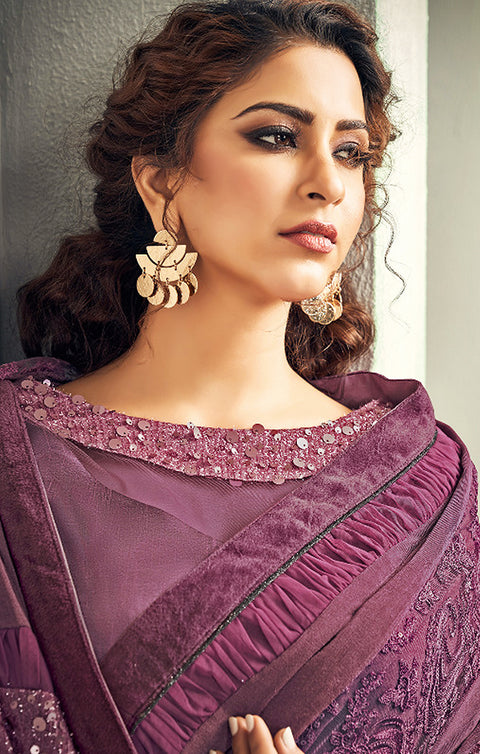 Magnificent Wine Pink Lycra Readymade Designer Saree - PAAIE