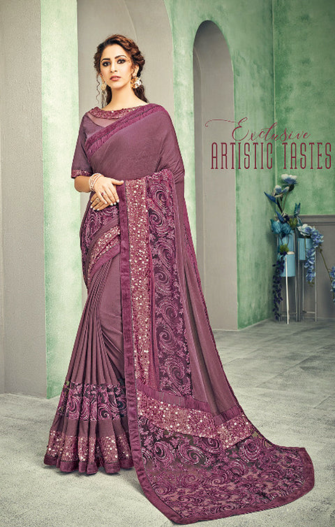 Magnificent Wine Pink Lycra Readymade Designer Saree - PAAIE