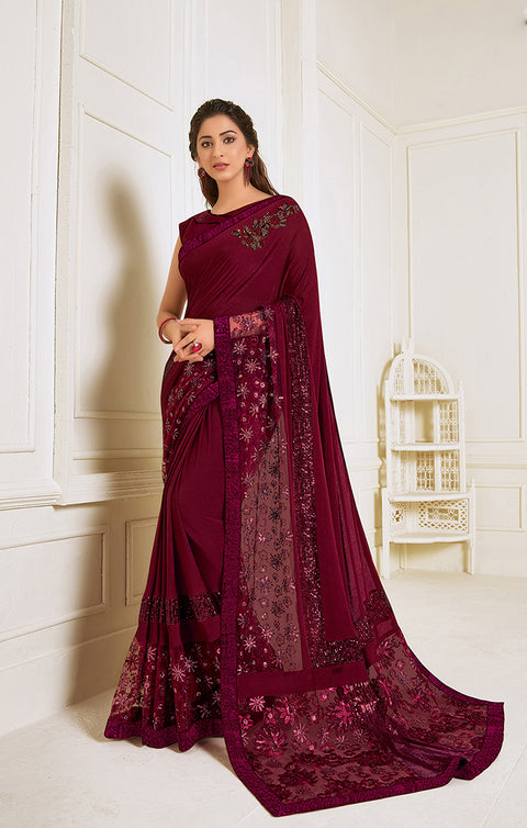 Lycra Maroon Designer Saree with Sequins work & Handwork Butta - PAAIE