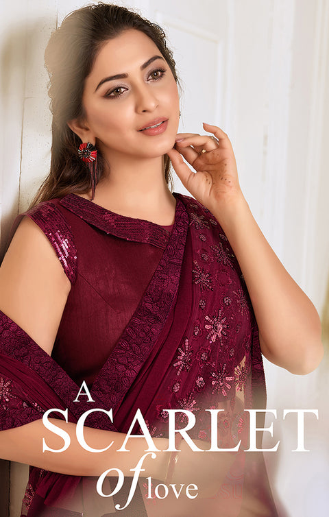 Lycra Maroon Designer Saree with Sequins work & Handwork Butta - PAAIE