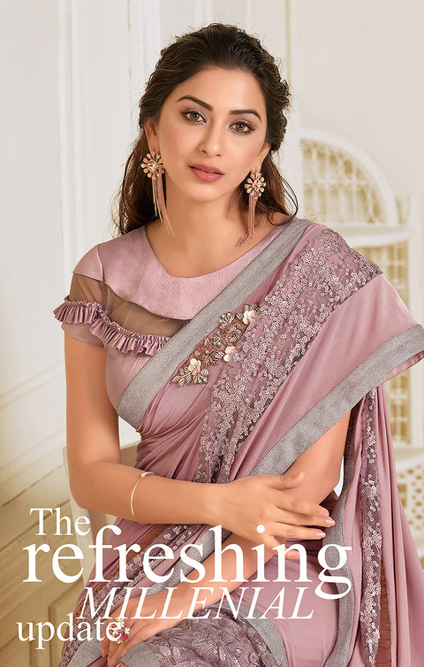 Lycra Pink Designer Saree with Sequins and Cord Embroidery & Handwork Butta - PAAIE