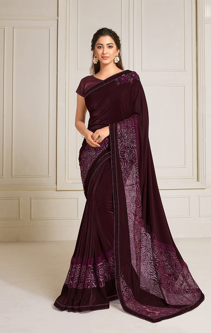 Lycra Wine Designer Saree with Zari, Sequins work & Handwork Butta
