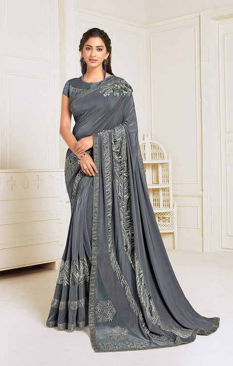 Lycra Grey Designer Saree with Zari and Sequins Embroidery, Laser Cut Buttas, Handwork Butta - PAAIE