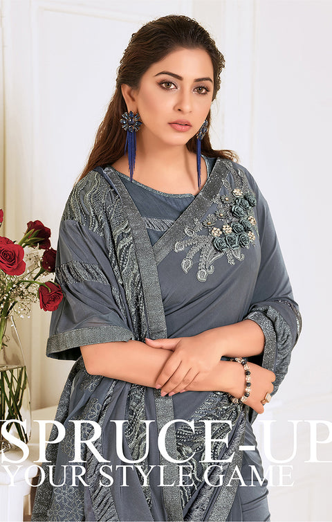 Lycra Grey Designer Saree with Zari and Sequins Embroidery, Laser Cut Buttas, Handwork Butta - PAAIE