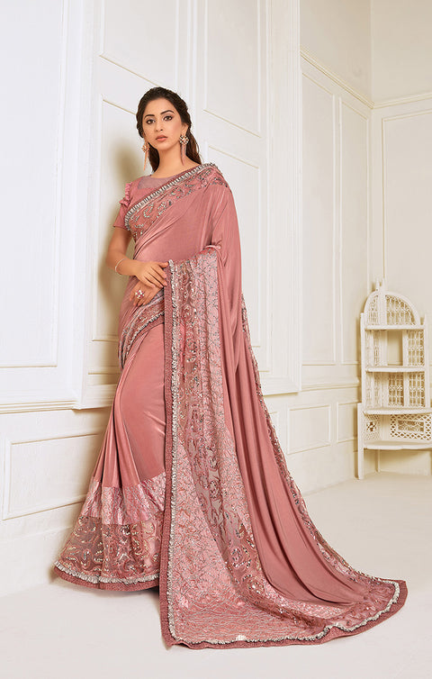 Lycra Rose Pink Designer Saree with Zari, Resham and Sequins Embroidery - PAAIE