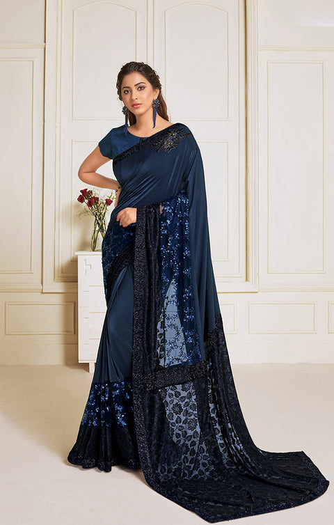 Lycra Navy Blue Designer Saree with Sequins work &amp; Handwork Butta - PAAIE