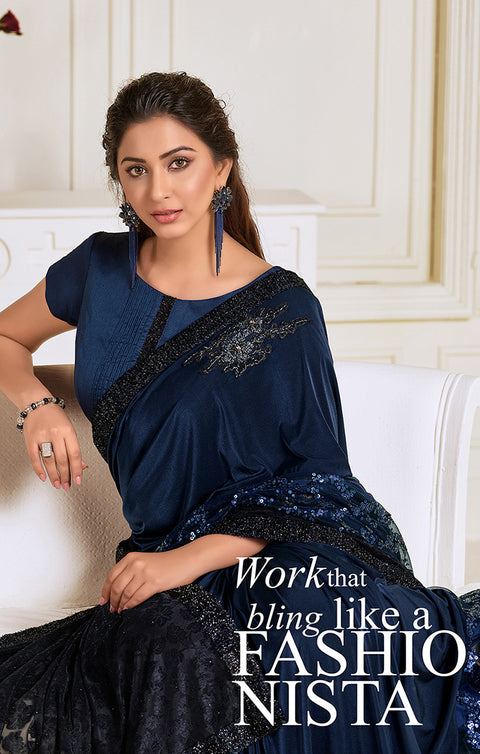 Lycra Navy Blue Designer Saree with Sequins work &amp; Handwork Butta - PAAIE