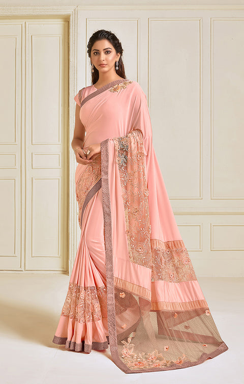 Lycra Peach Designer Saree with Thread and sequins embroidery, applique work, handwork butta - PAAIE
