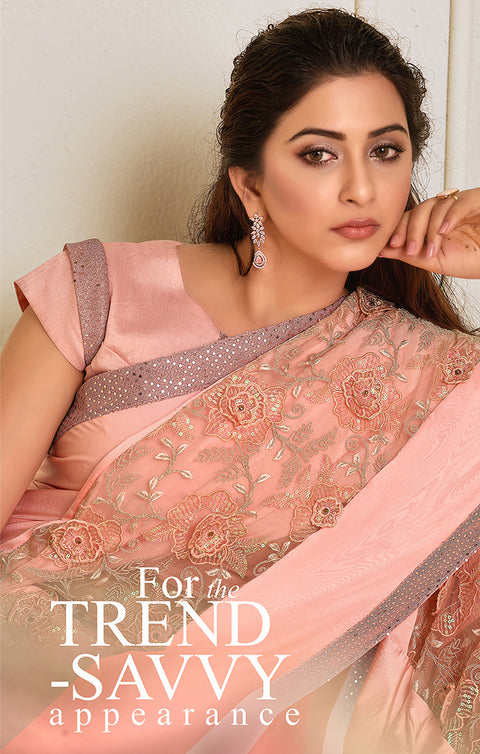 Lycra Peach Designer Saree with Thread and sequins embroidery, applique work, handwork butta - PAAIE