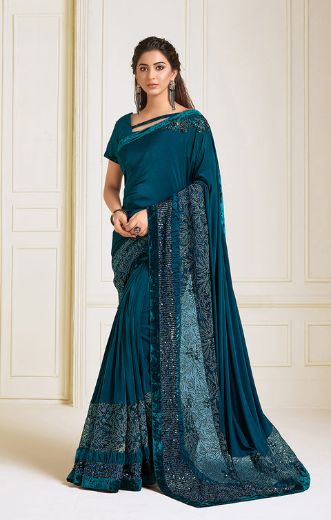 Lycra Teal Blue Designer Saree with Cord and sequins embroidery, handwork Butta - PAAIE