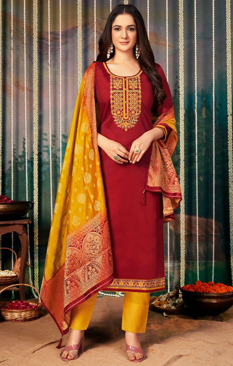 Designer Maroon Color Suit with Pant & Dupatta in Jam Silk (K746)