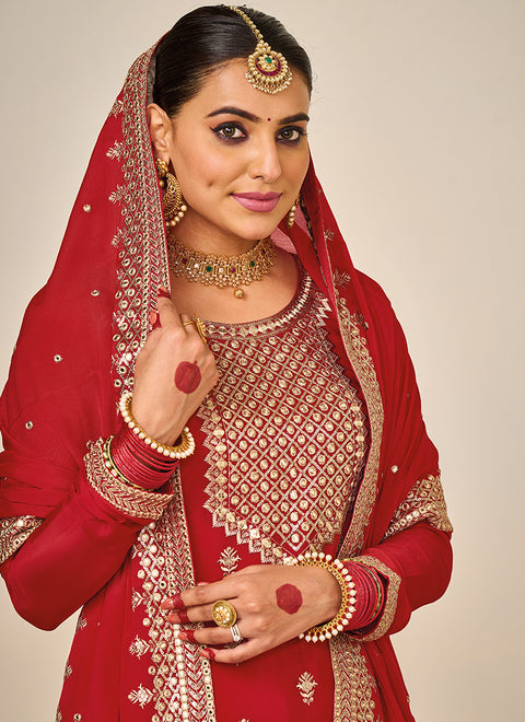 Designer Red Color Suit with Plazzo & Dupatta in Chinon (D830)