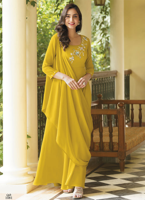 Designer Party Wear Gown Mustard Yellow Color Hand Work In Georgette (K790)