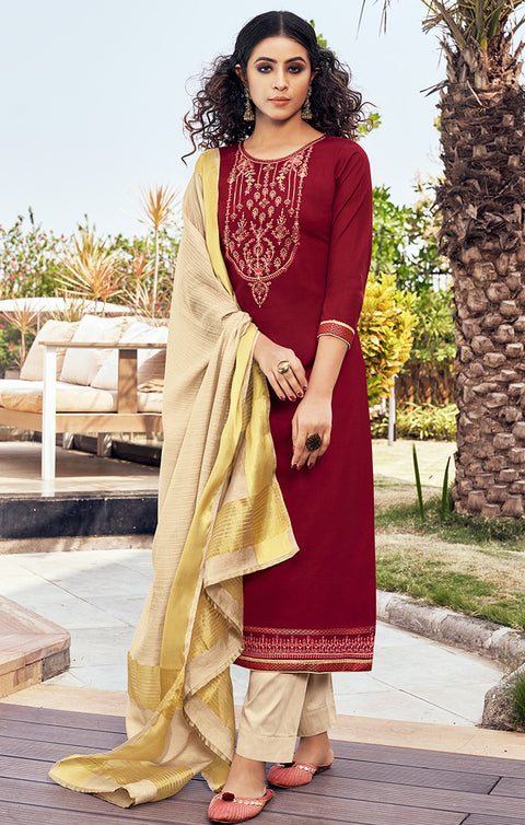 Striking Maroon Designer Suit & Salwar with Dupatta For Casual and Ethnic Wear (K134) - PAAIE