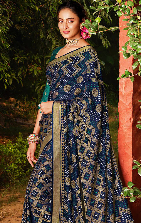 Designer Blue/Golden Brasso Printed Saree for Casual Wear (D443)