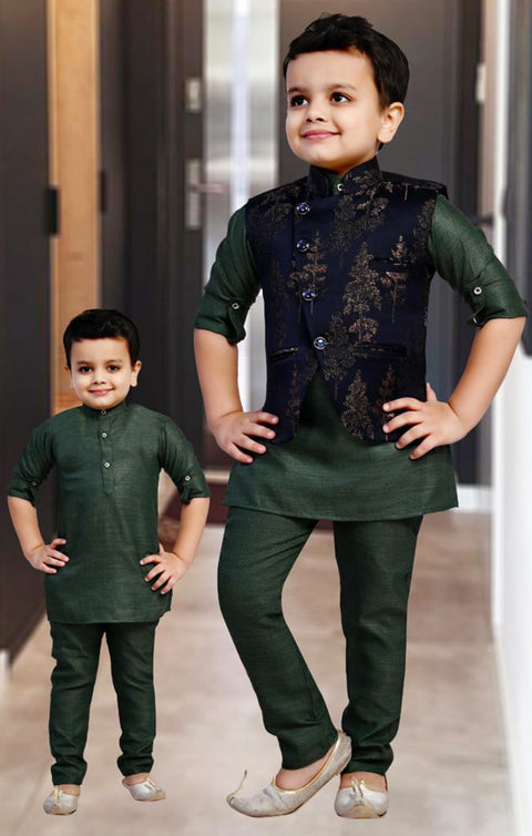Boys' Sherwani & Pant in Green/Navy Color for Party Wear