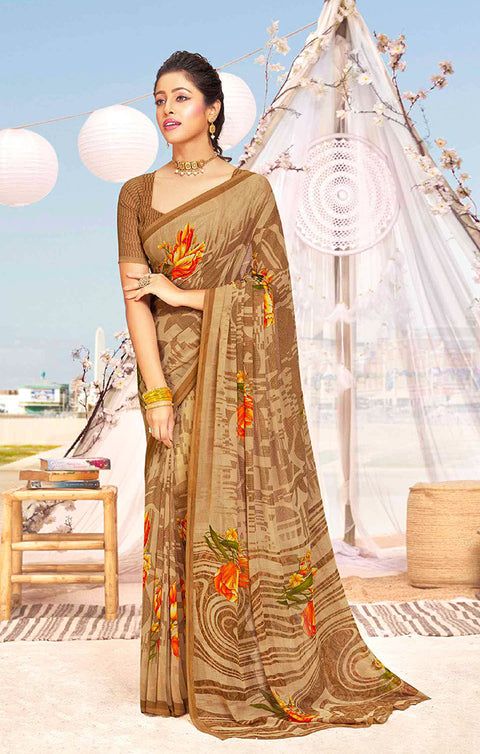 Designer Brown Georgette Printed Saree for Casual Wear (D406)