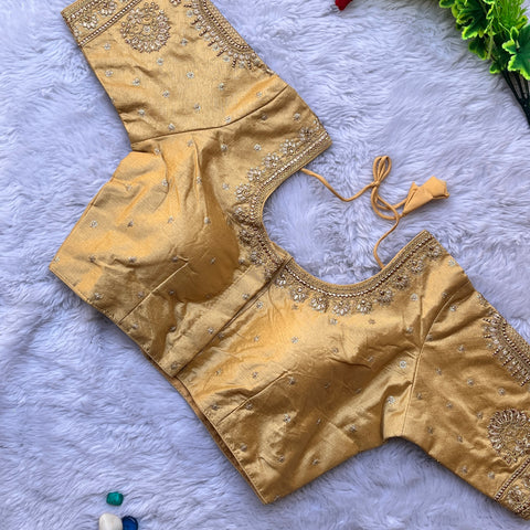 Designer Golden Color Silk Embroidered Blouse For Wedding & Party Wear (Design 1226)