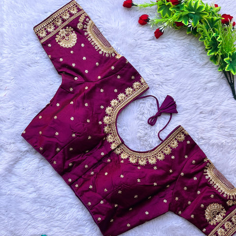 Designer Purple Color Silk Embroidered Blouse For Wedding & Party Wear (Design 1230)