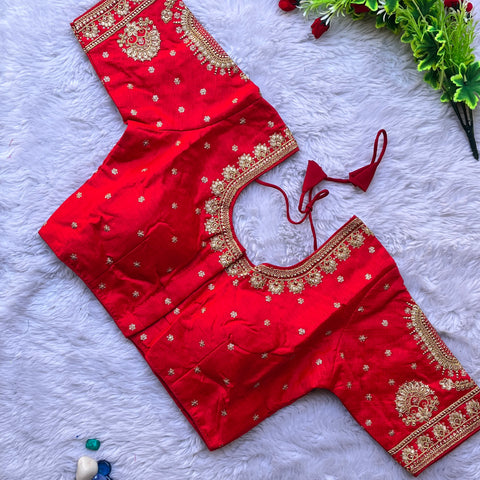 Designer Red Color Silk Embroidered Blouse For Wedding & Party Wear (Design 1235)
