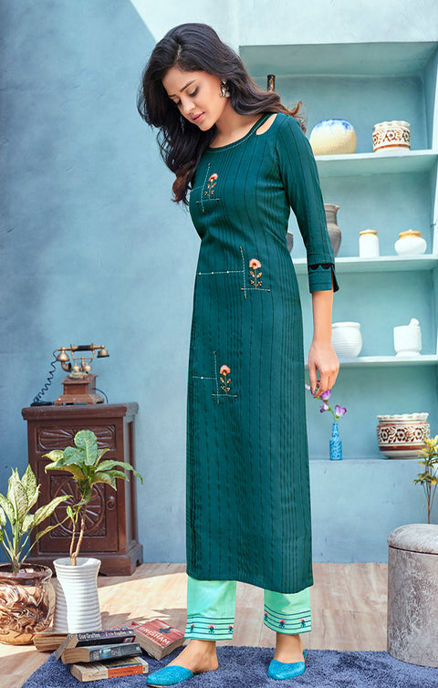 Magnificent Sea Green Designer Kurti with Pant For Casual and Ethnic Wear (K226) - PAAIE