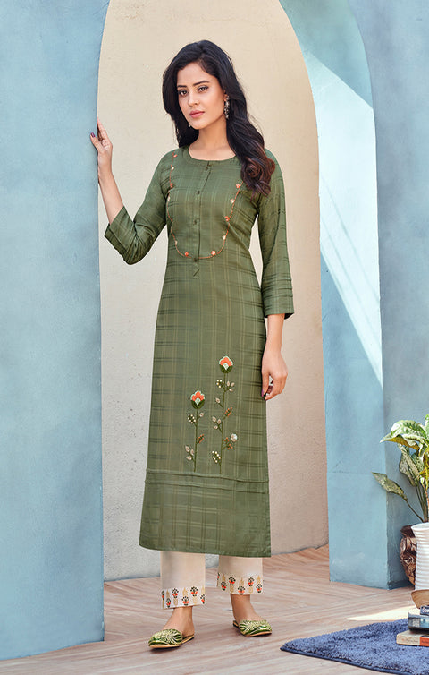 Ravishing Olive Green Designer Kurti with Pant For Casual and Ethnic Wear (K229) - PAAIE