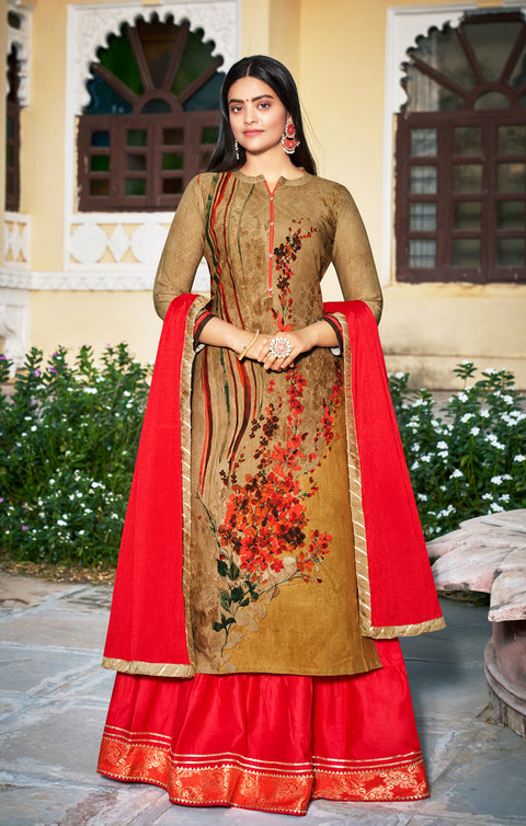 Long Suit With Lengha and Fancy Dupatta in Beige Color (K19) - PAAIE